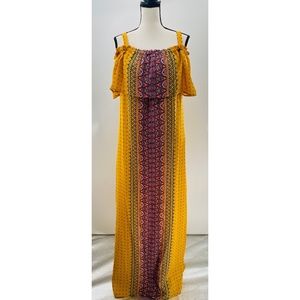 AUW Off Shoulder Yellow Printed Maxi Dress